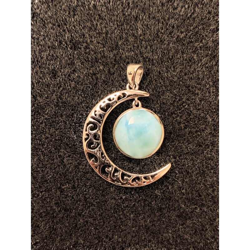 Healing Crystals - Larimar 8mm Half Moon Necklace with White Sapphire Accents